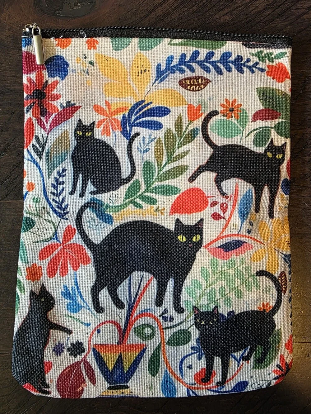 Black Cat Floral Canvas Zippered Pouch Tablet Case Book Sleeve Cover NWT Gift